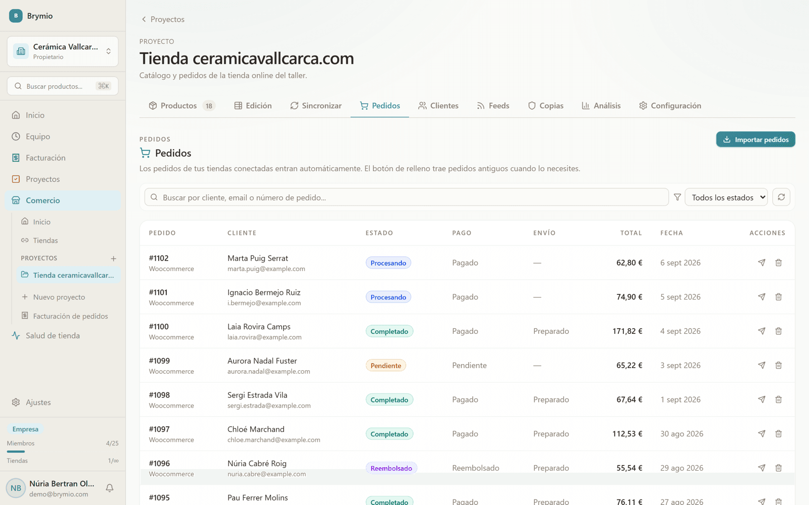 Order list from a connected Shopify store
