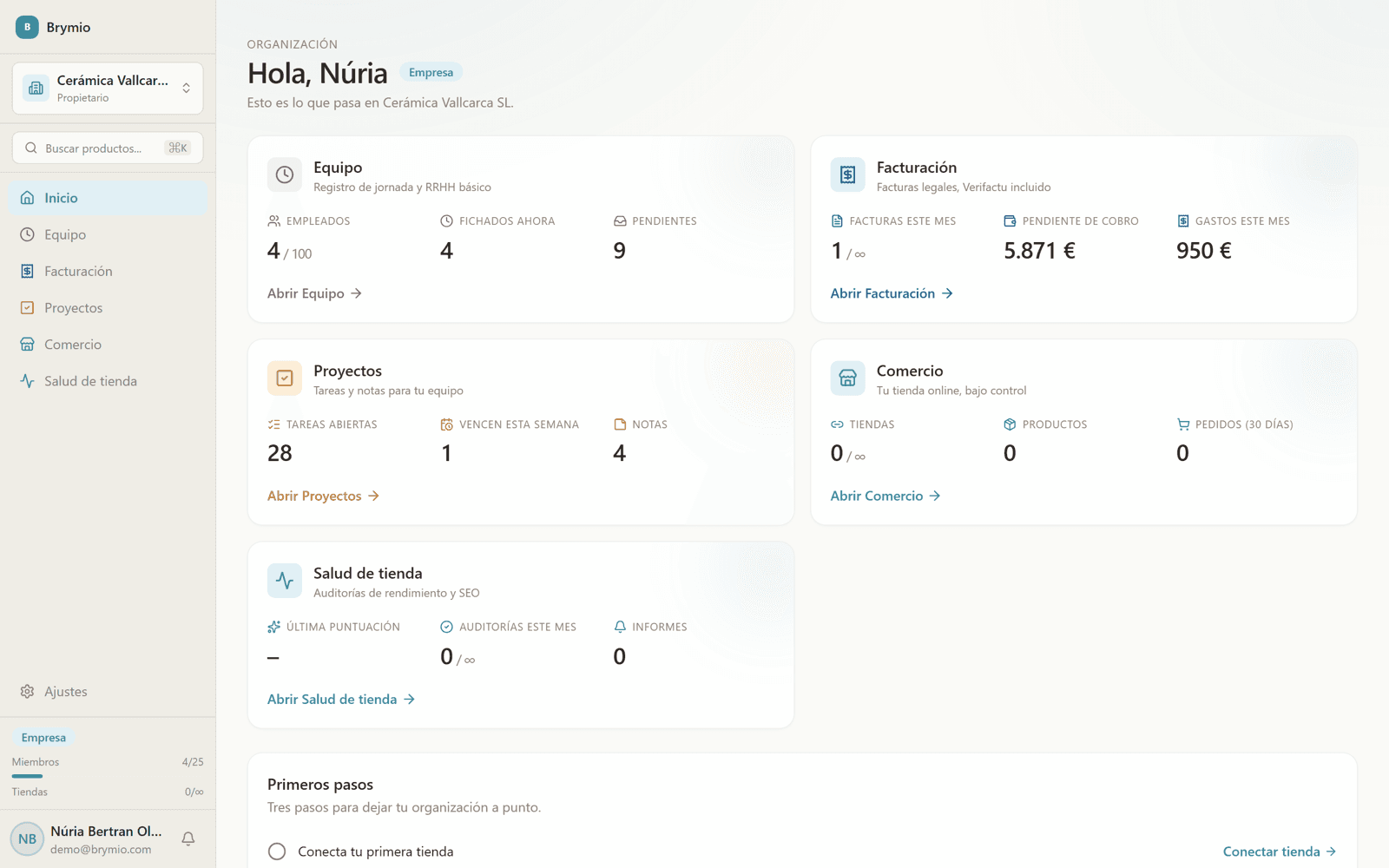 Brymio's dashboard with an organisation's active modules