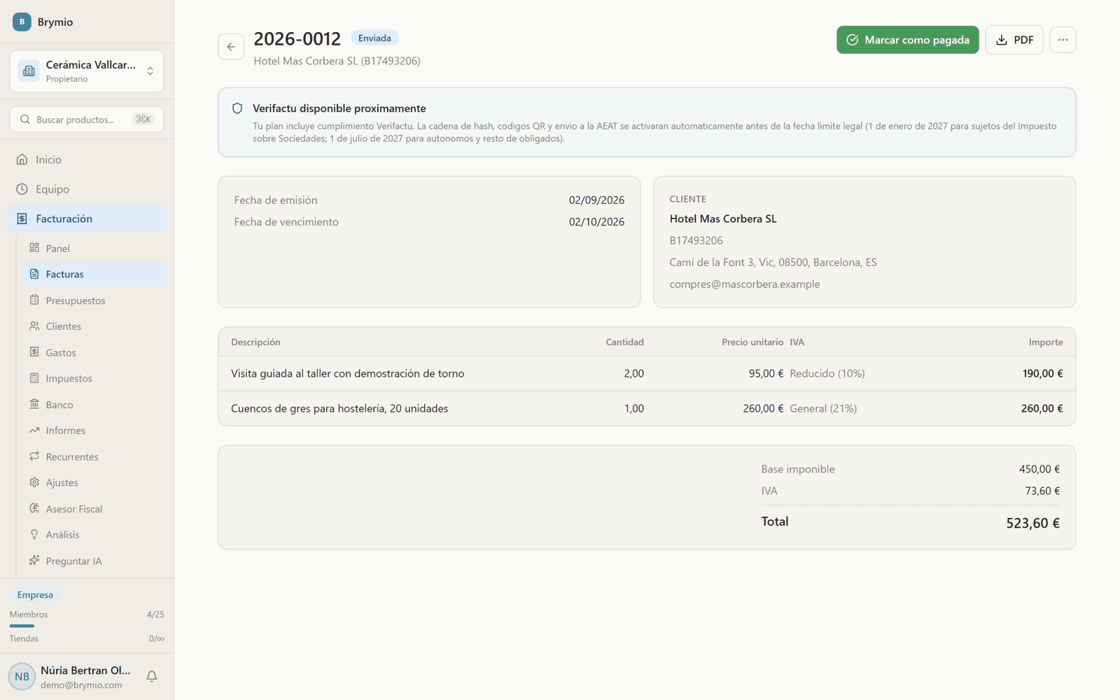 An issued invoice in Brymio's Invoicing module