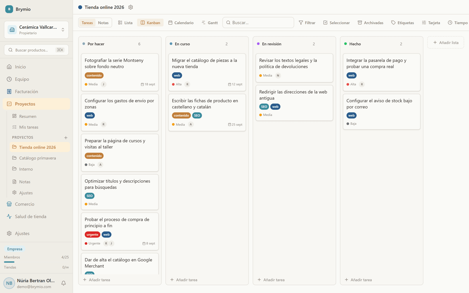 A project's kanban board in Brymio Projects